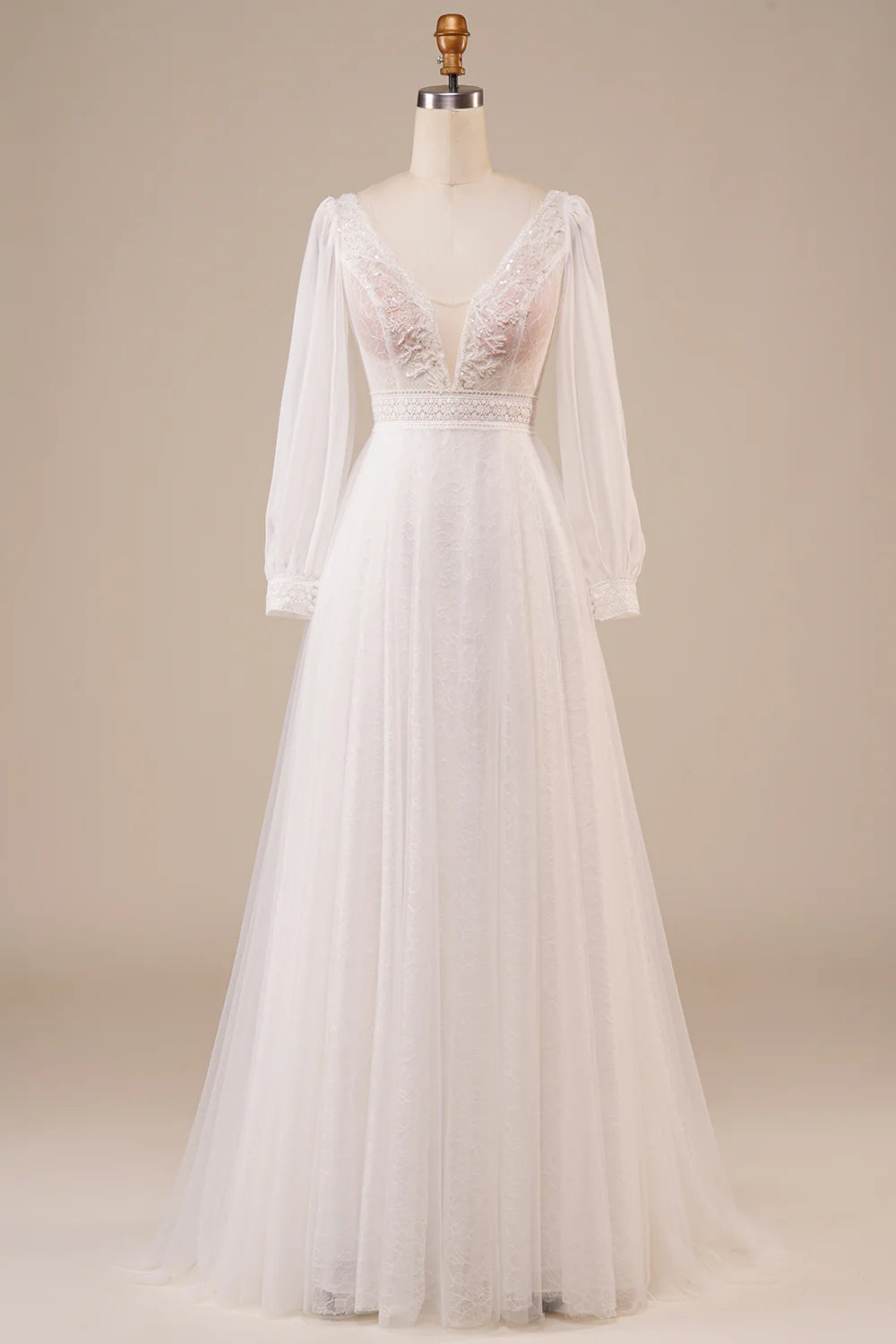 DingJiDress A-Line Tulle Beaded Ivory Wedding Dress with Sleeves