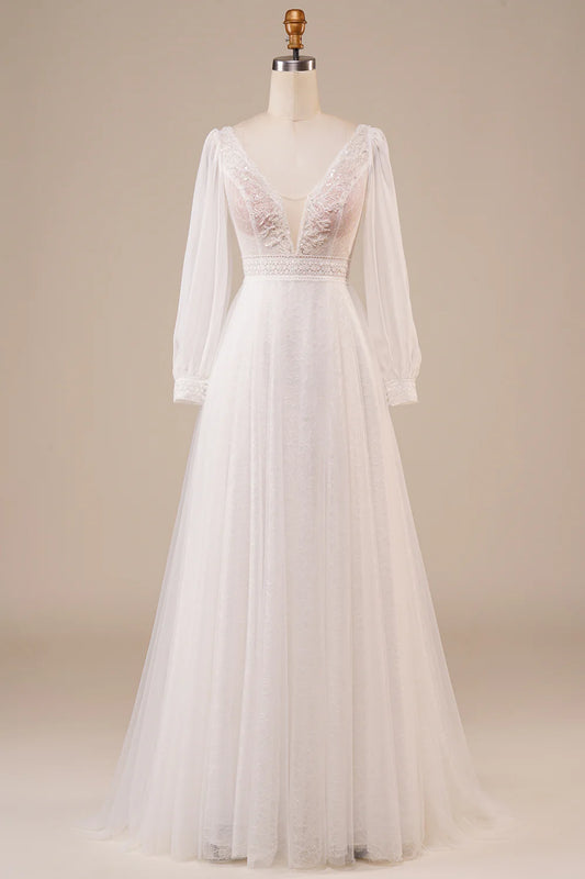 DingJiDress A-Line Tulle Beaded Ivory Wedding Dress with Sleeves