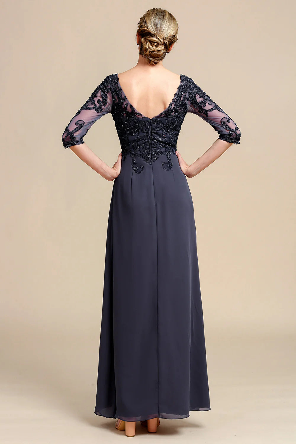 DingJiDress Grey Blue Round Neck A Line Long Chiffon Mother Of Bride Dress With Beading Wedding Dress For Guest