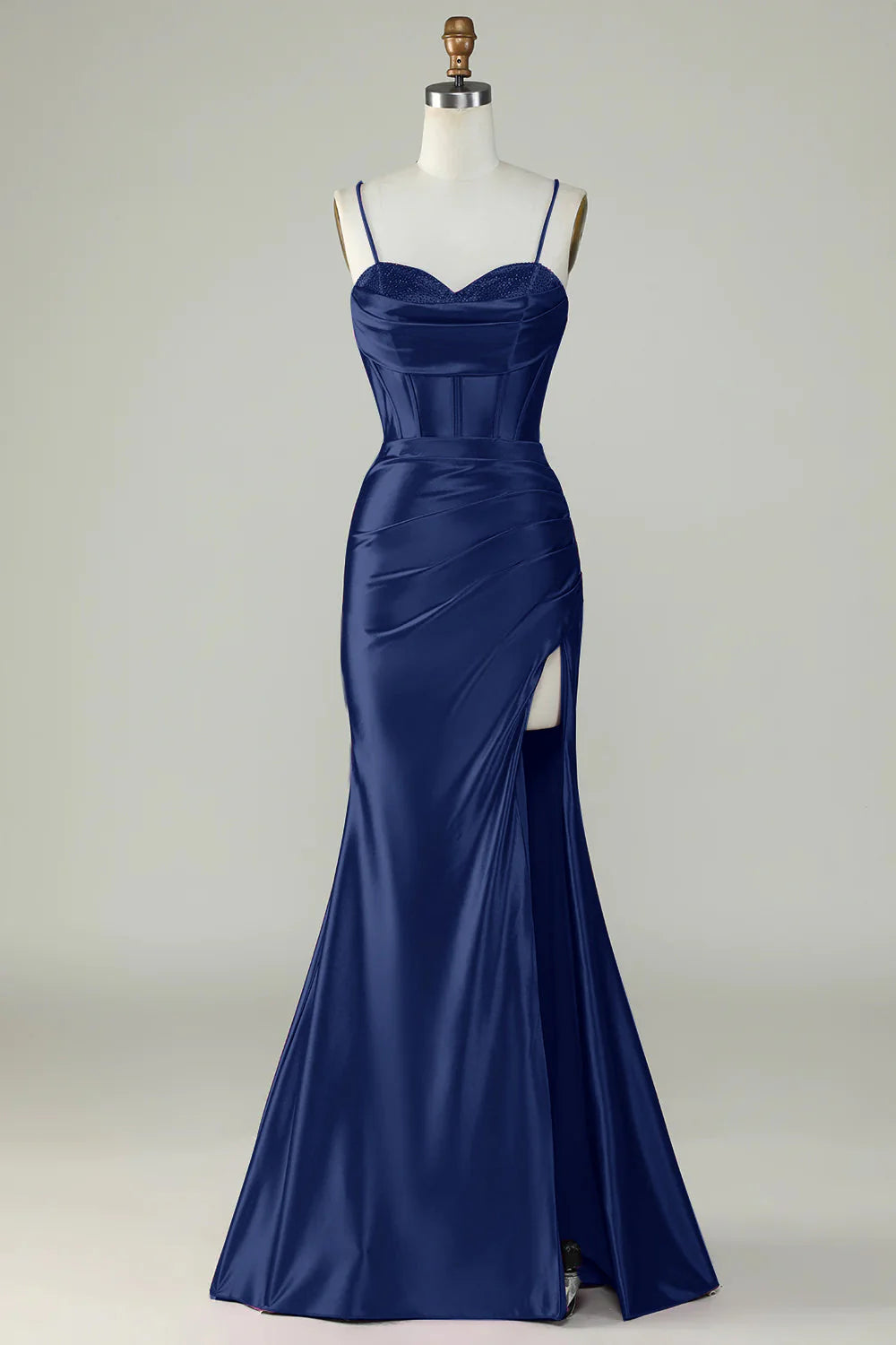 DingJiDress Royal Blue Mermaid Spaghetti Straps Long Prom Dress With Slit