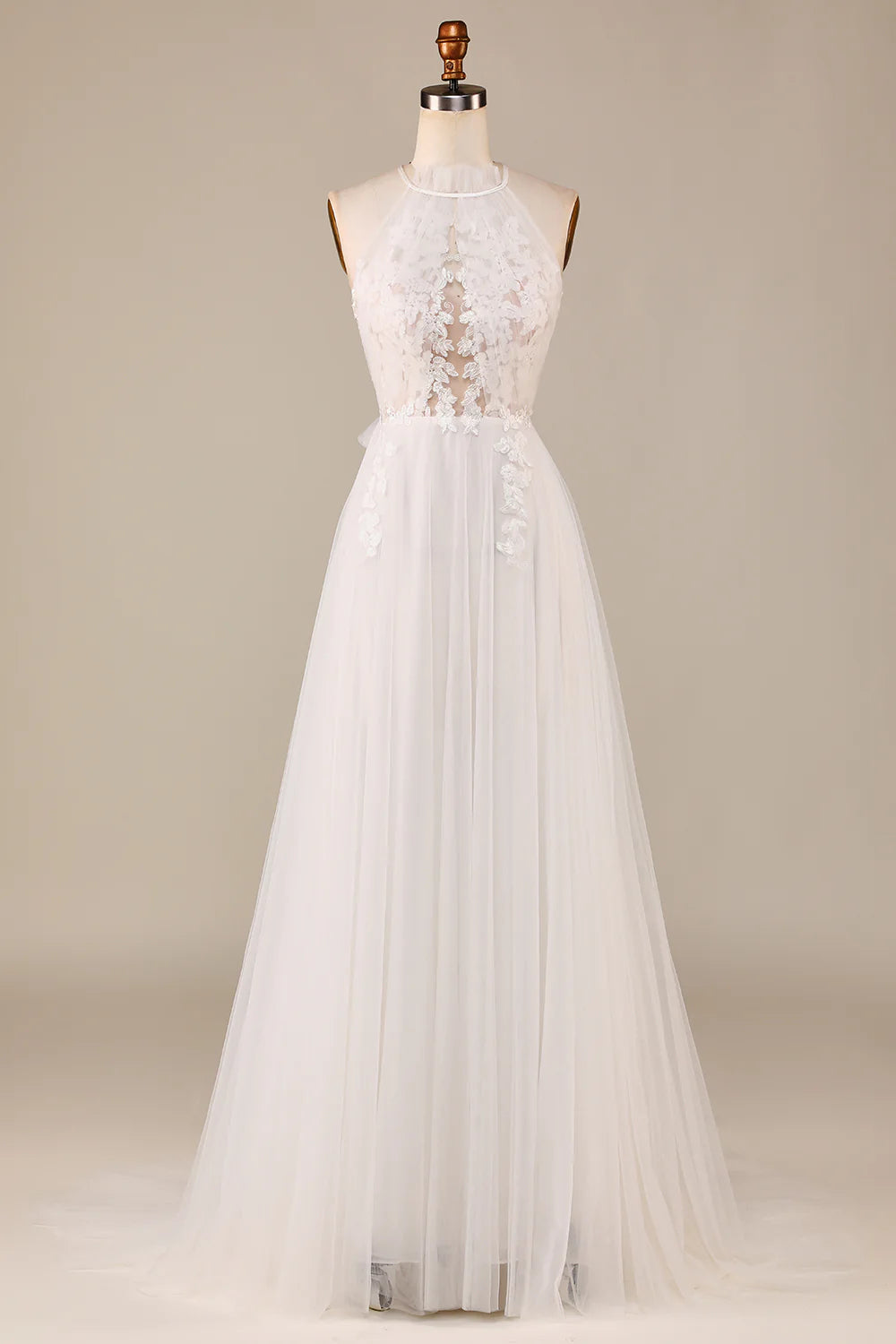 DingJiDress Charming A Line Halter Neck Ivory Open Back Tulle Sweep Train Wedding Dress with Lace