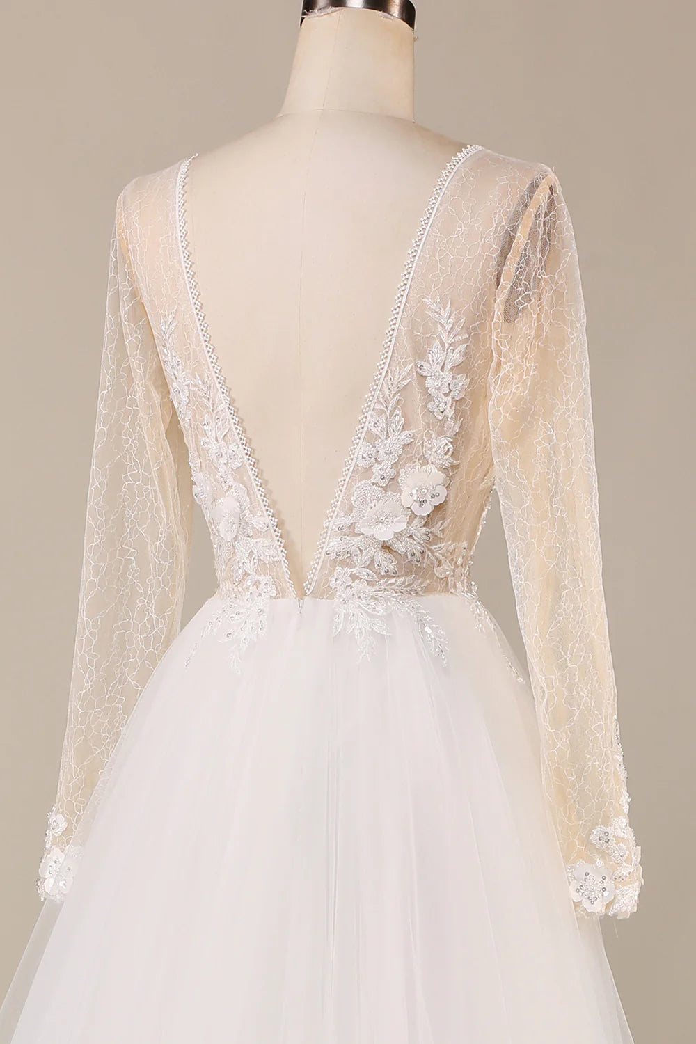 DingJiDress A Line Deep V-Neck Ivory Tulle Sweep Train Wedding Dress with Lace