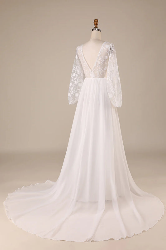 DingJiDress Ivory Chiffon Sweep Train Boho Wedding Dress with Lace
