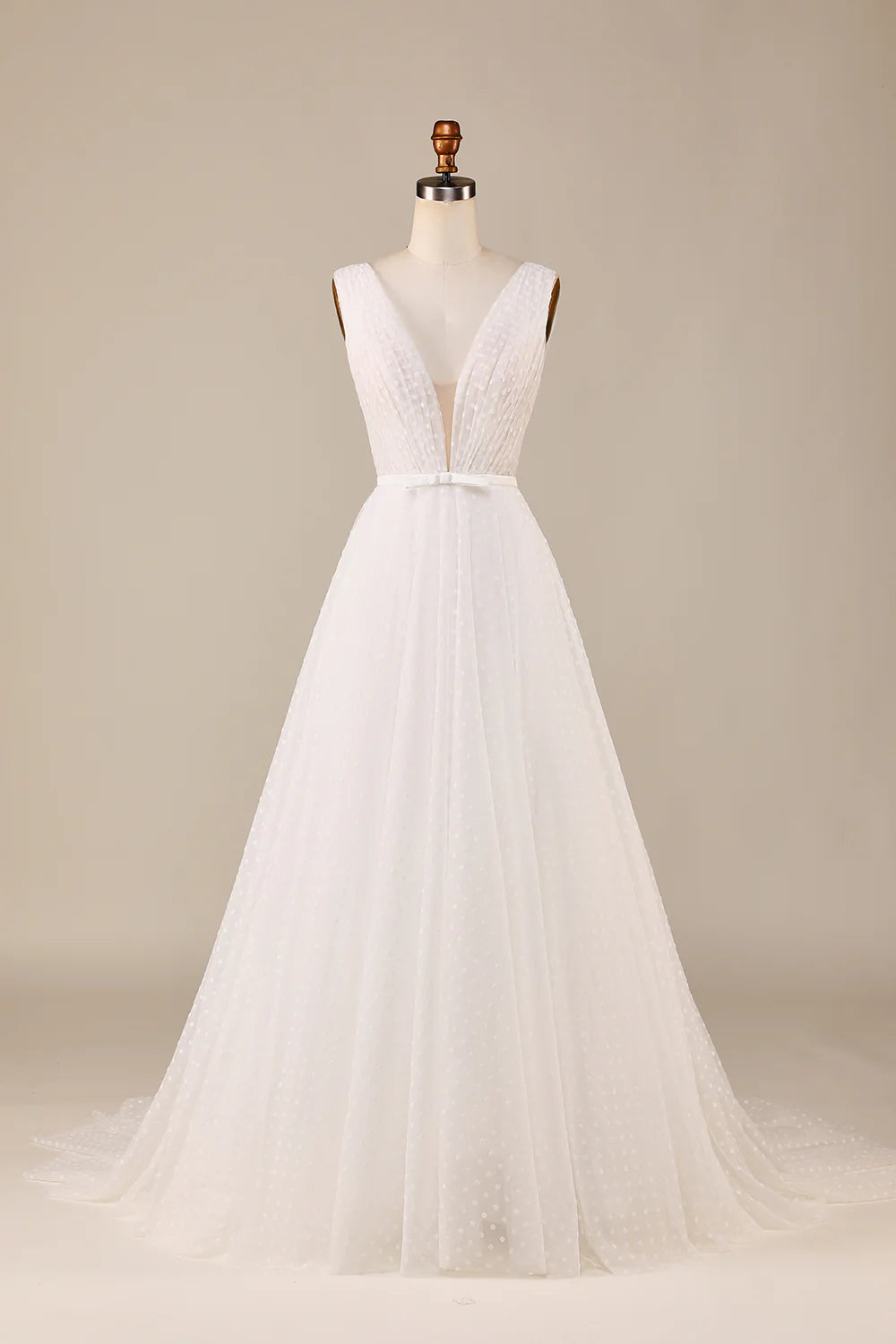 DingJiDress Elegant A Line V Neck Ivory Detachable Watteau Train Tulle Wedding Dress