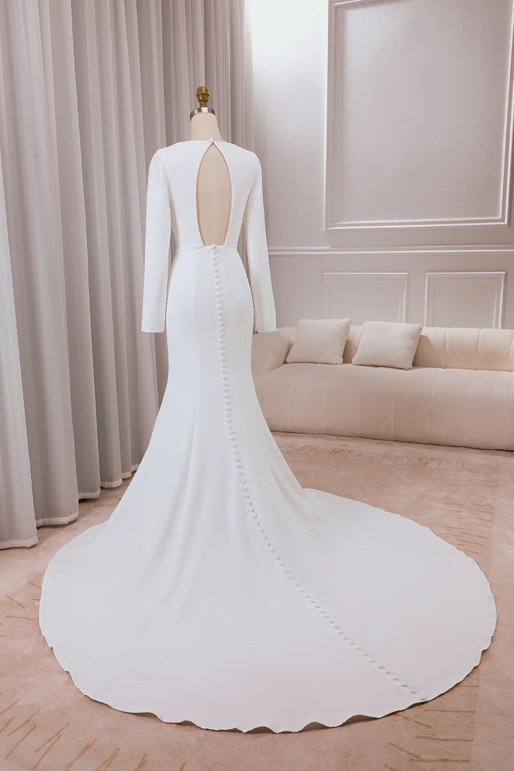 DingJiDress Ivory Deep V-neck Long Sleeves Crepe Mermaid Wedding Dress with Front Slit