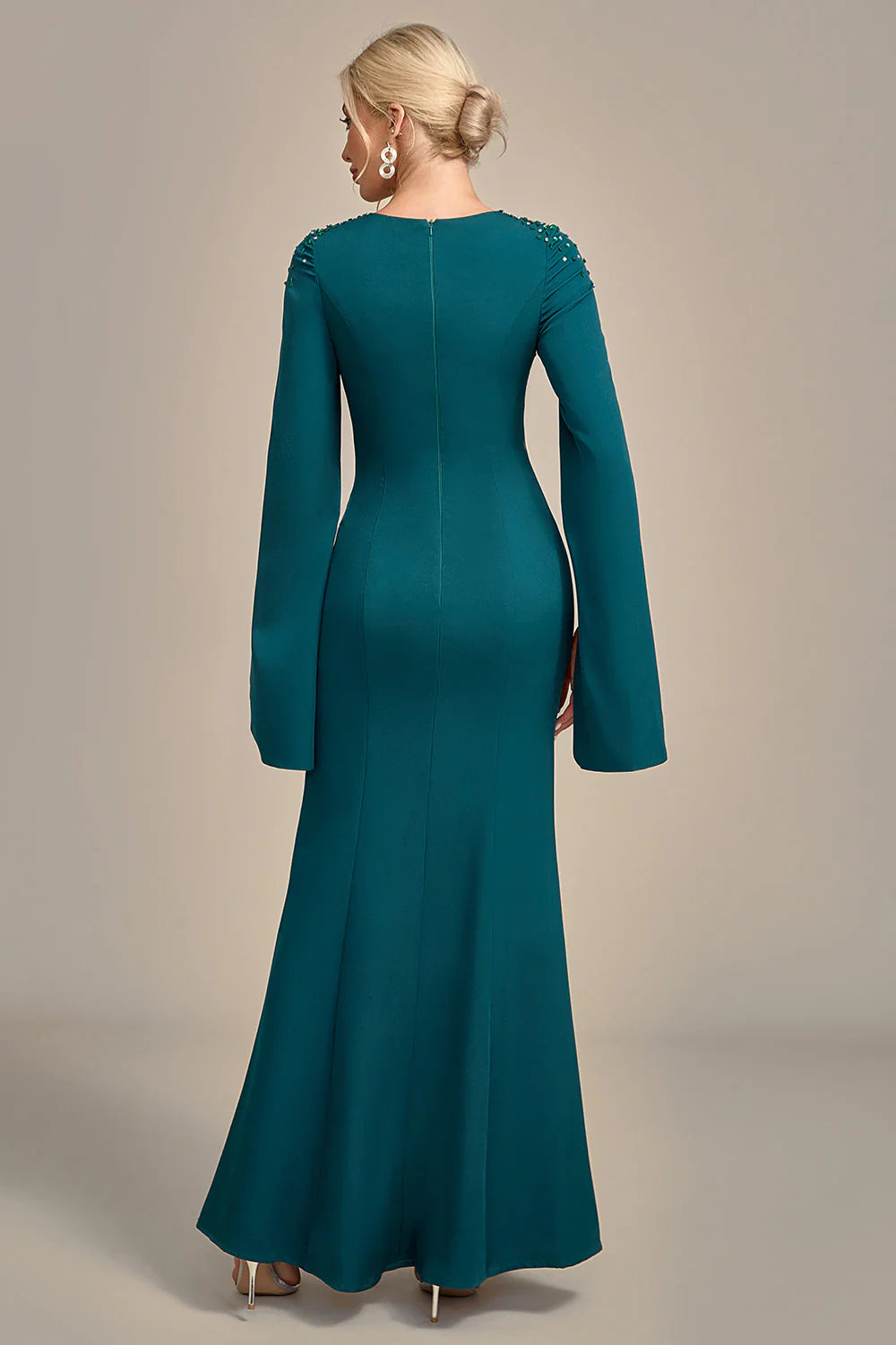 DingJiDress Elegant Glitter Dark Green Mermaid Round Neck Mother of the Bride Dress With Long Sleeves