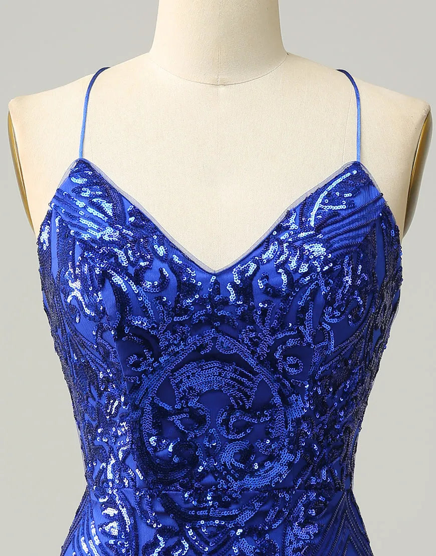 DingJiDress Royal Blue V-Neck Corset Back Homecoming Dress With Sequin