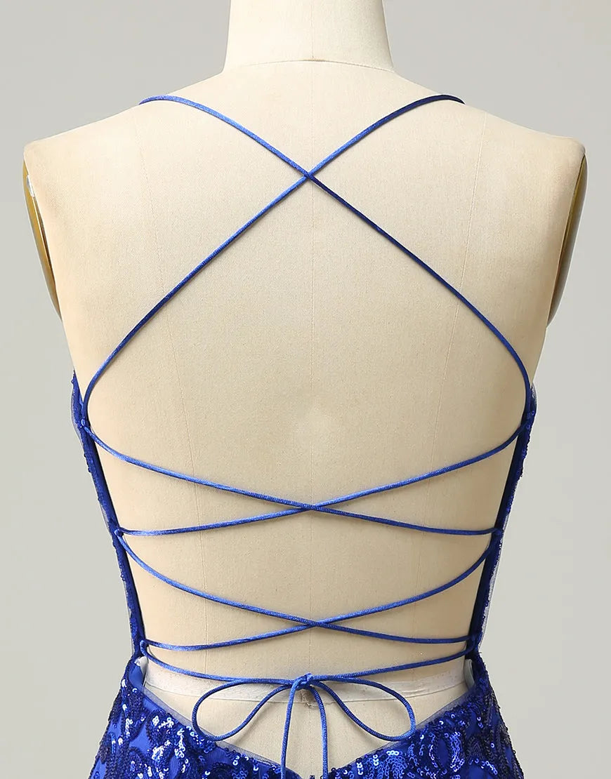 DingJiDress Royal Blue V-Neck Corset Back Homecoming Dress With Sequin