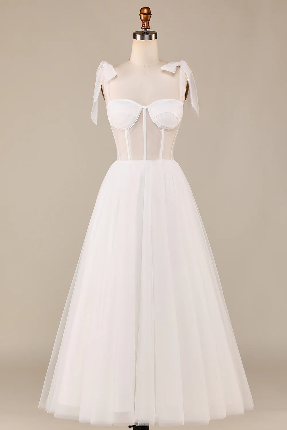 DingJiDress Ivory A-Line Tea-Length Tulle Corset Wedding Dress