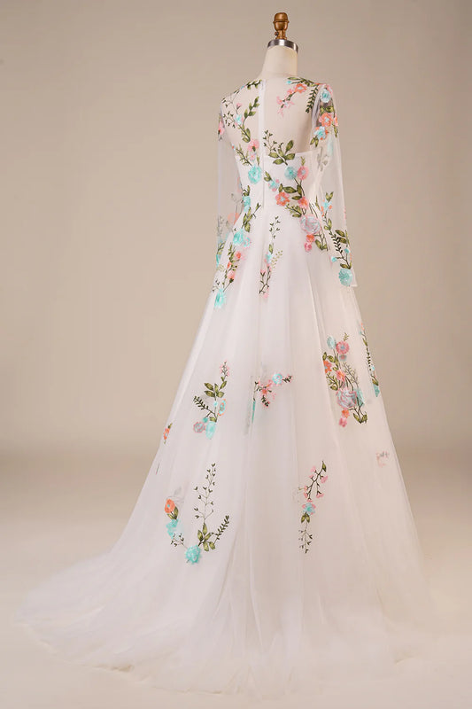 DingJiDress Tulle Long Sleeves Long Ivory Wedding Dress with Embroidery