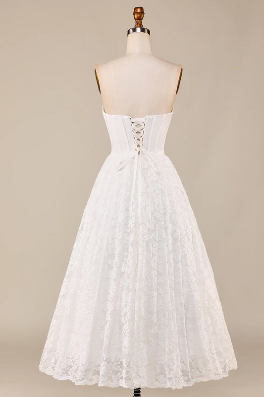 DingJiDress Ivory Lace Corset Tea-Length Wedding Dress