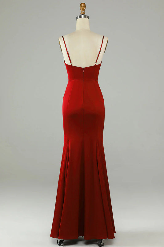 DingJiDress Burgundy Mermaid Spaghetti Straps Long Prom Dress with Slit