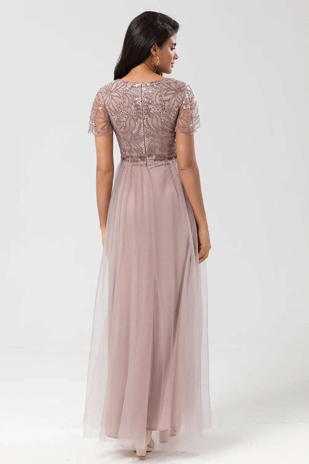 DingJiDress Elegant A-Line Prom Dresses V Neck Embroidered Tulle Dusty Pink Bridesmaid Dress with Beading