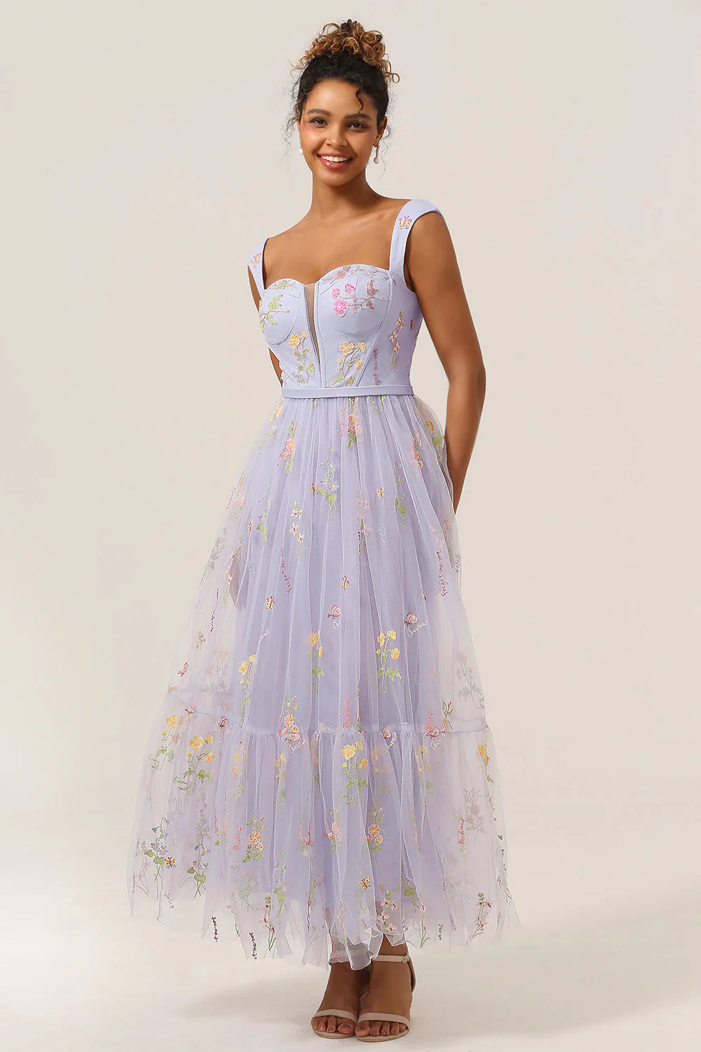 DingJiDress Fashion A Line Sweetheart Lilac Tea Length Prom Dress with Embroidery