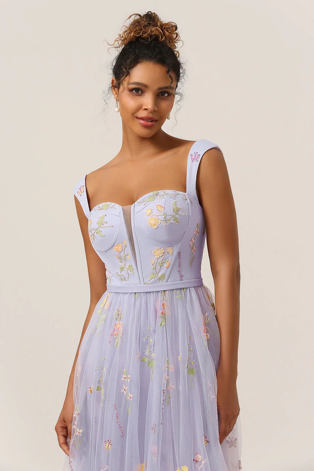 DingJiDress Fashion A Line Sweetheart Lilac Tea Length Prom Dress with Embroidery