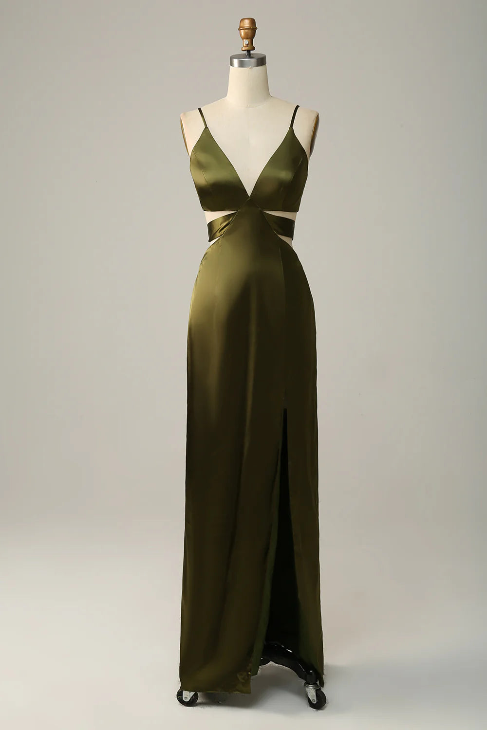 DingJiDress Olive Wedding Guest Dresses Sheath Spaghetti Straps Cut Out Satin Bridesmaid Dress