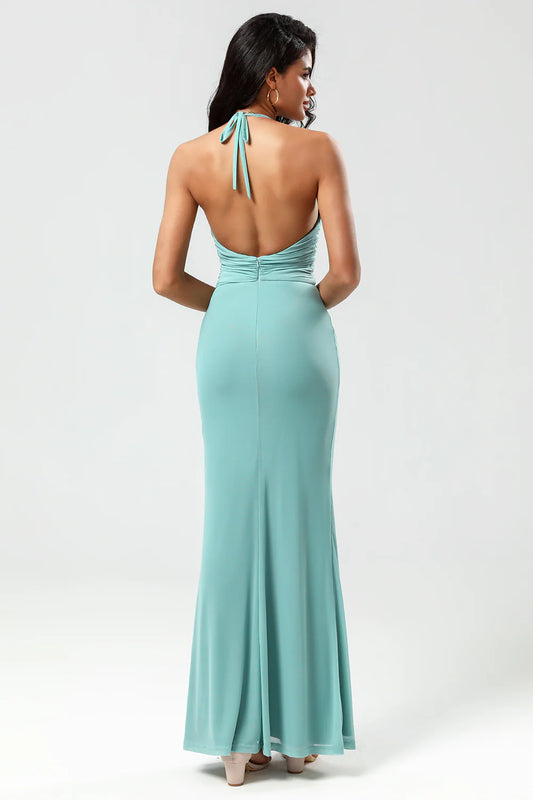 DingJiDress Elegant Sea Glass Mermaid Prom Dresses Halter V Neck Floor Length Bridesmaid Dress