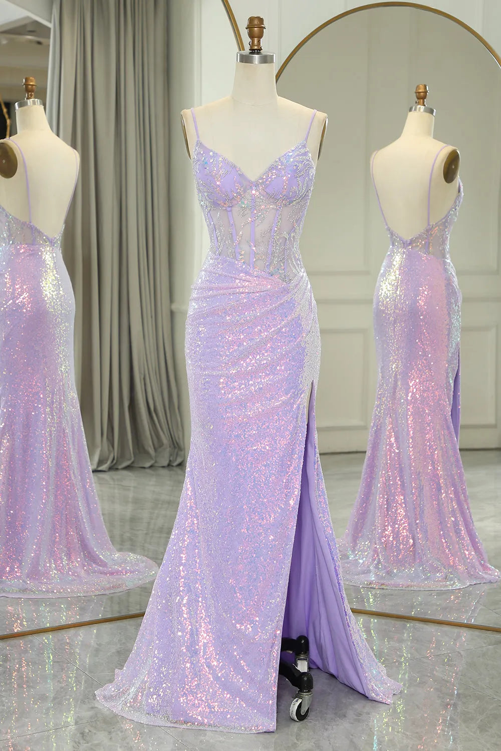 DingJiDress Glitter Light Purple Mermaid Backless Long Corset Prom Dress With Slit