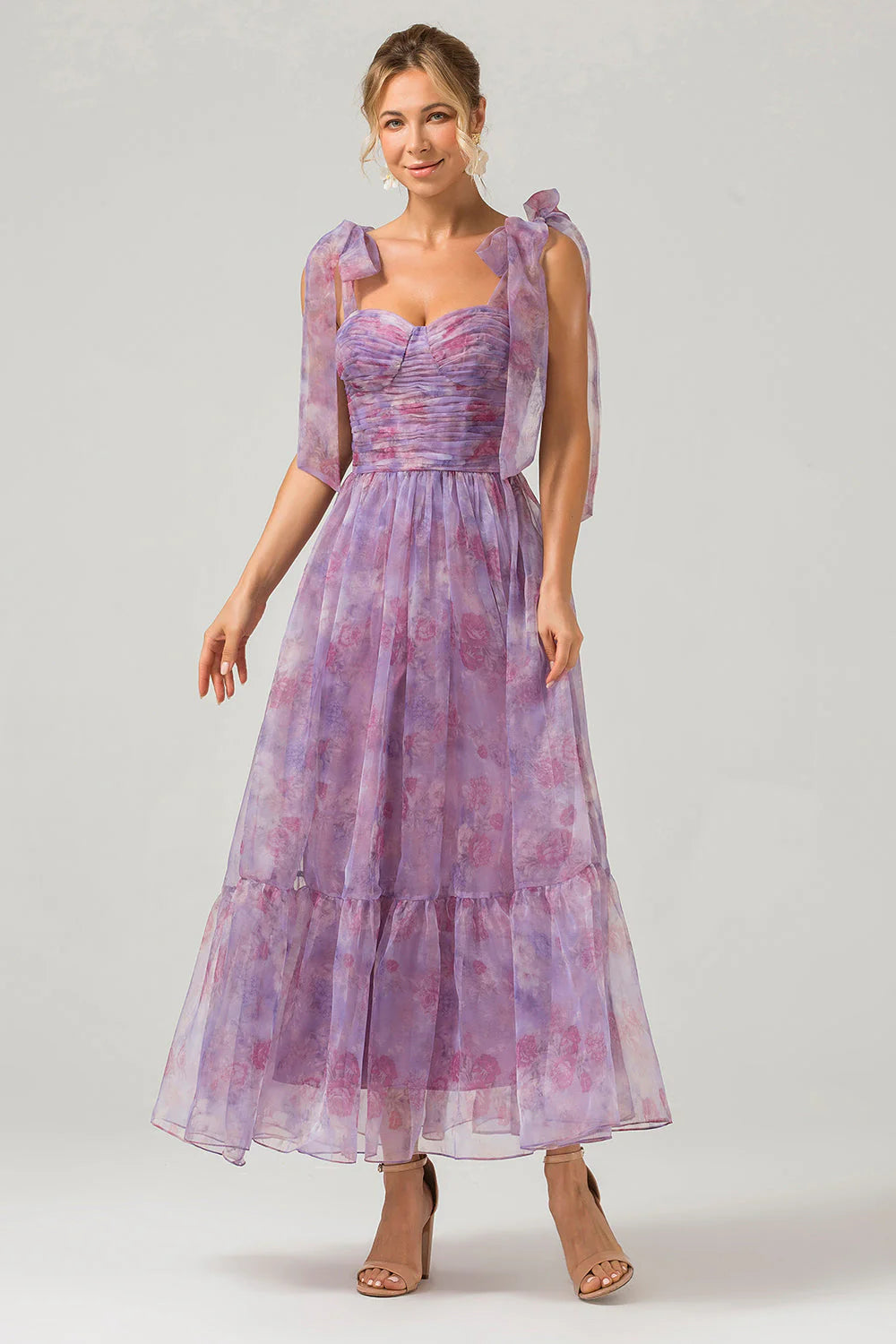 DingJiDress Purple A Line Pleated Printed Tea-Length Bridesmaid Dress
