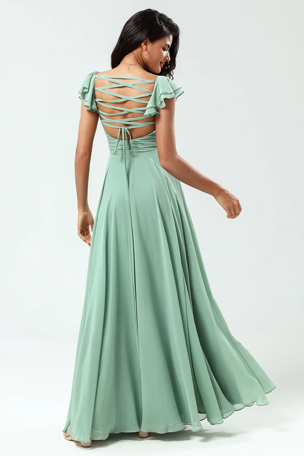 DingJiDress Elegant Lace-Up Back Cross A Line Matcha Prom Dresses Chiffon Green Bridesmaid Dress with Ruffles