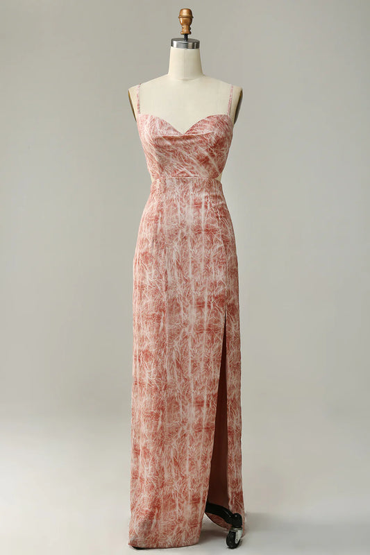 DingJiDress Blush Sheath Spaghetti Straps Backless Stretch Crepe Bridesmaid Dress with Slit