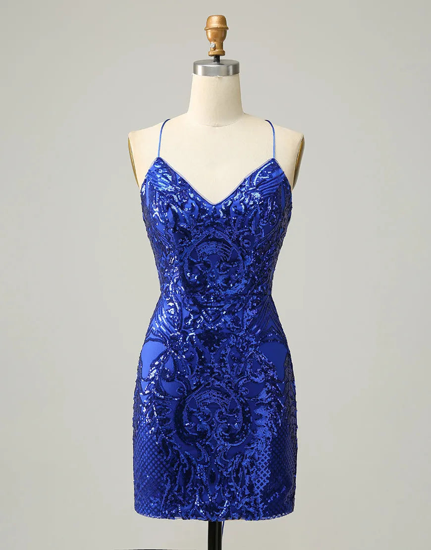 DingJiDress Royal Blue V-Neck Corset Back Homecoming Dress With Sequin