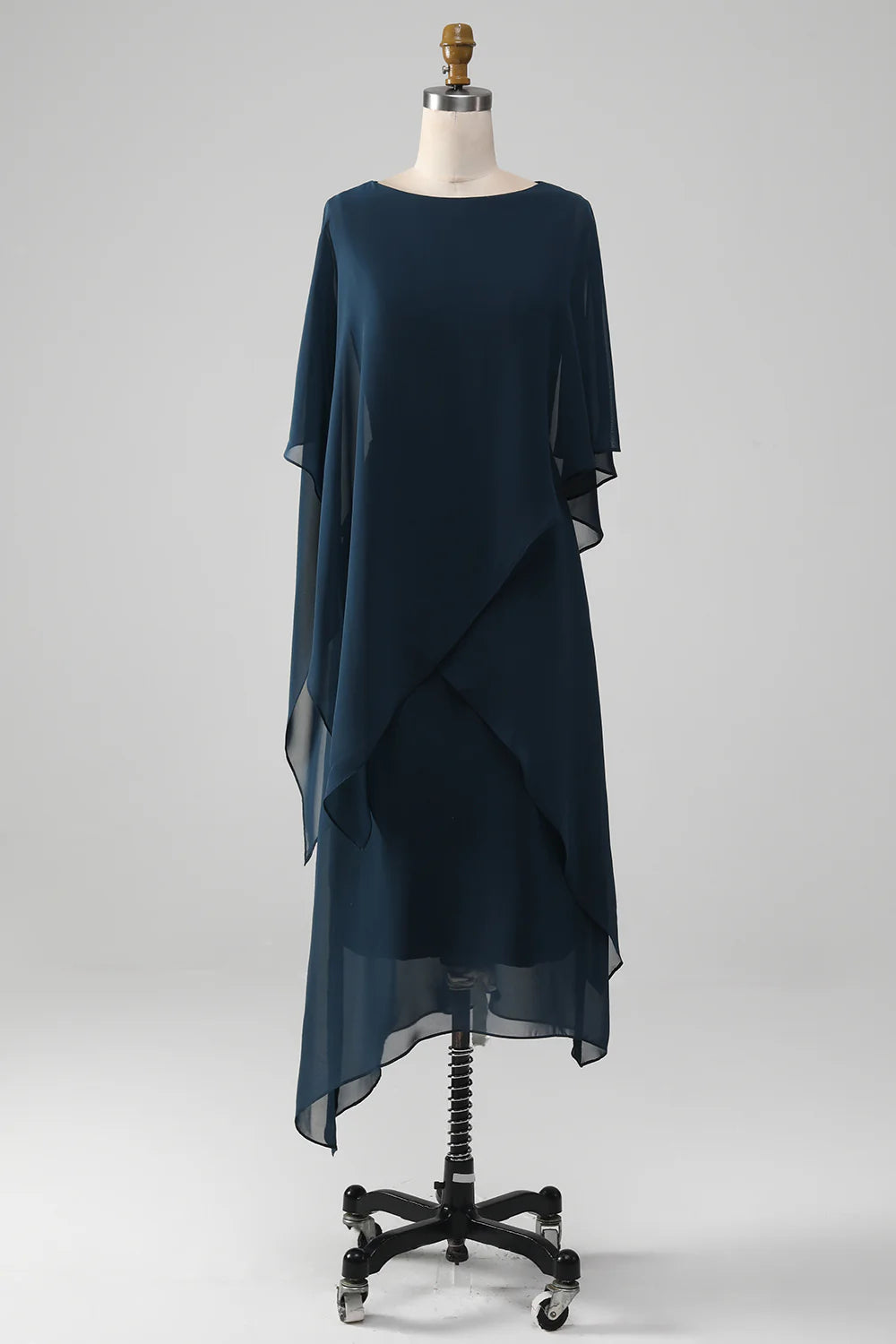 DingJiDress Elegant Fall Wedding Guest Dress November Navy A-Line Scoop Tea-Length Chiffon Mother of the Bride Dress