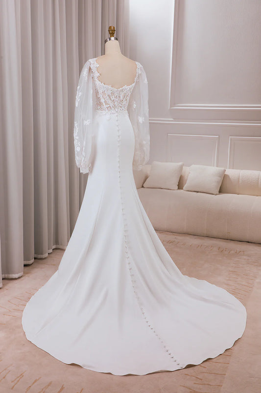 DingJiDress Ivory Lace Sweetheart Neck Long Sleeves Mermaid Wedding Dress with Sweep Train