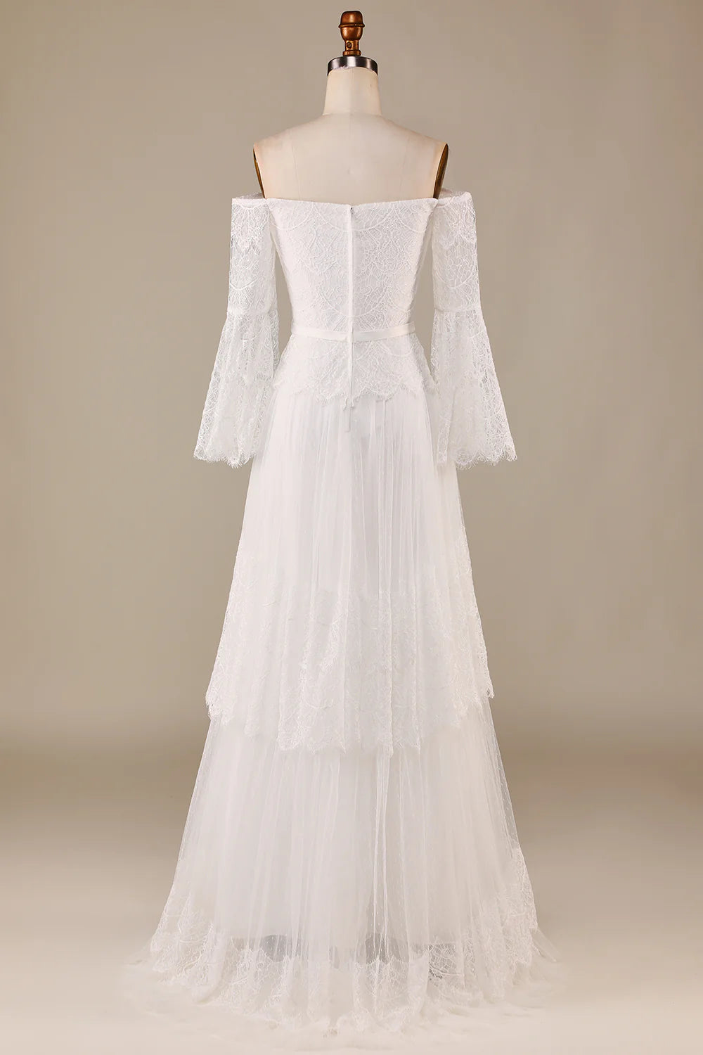 DingJiDress A Line Off the Shoulder Ivory Sweep Train Flare Sleeves Wedding Dress
