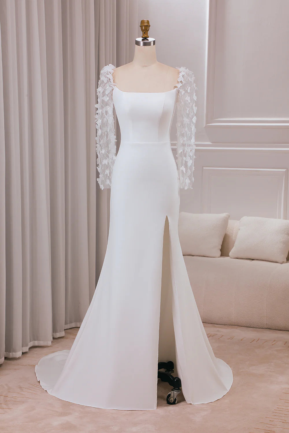 DingJiDress Ivory Lace Sweetheart Neck Long Sleeves Mermaid Wedding Dress with Sweep Train