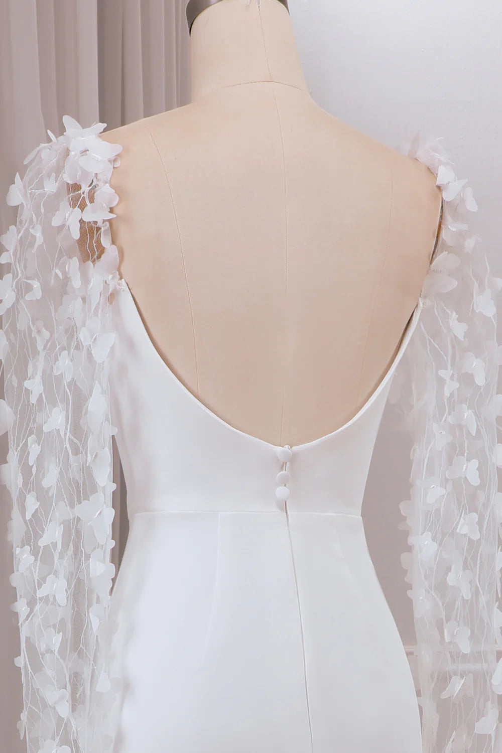 DingJiDress Ivory Trumpet Sweep Train Long Sleeves Bridal Dress with 3D Appliques