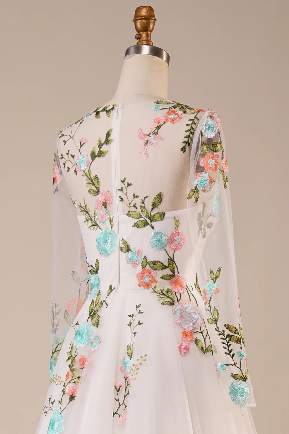 DingJiDress Tulle Long Sleeves Long Ivory Wedding Dress with Embroidery