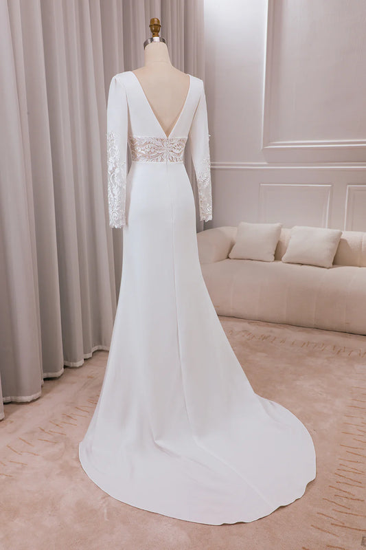 DingJiDress Ivory Deep V-neck Long Sleeves Crepe and Lace Mermaid Bridal Dress