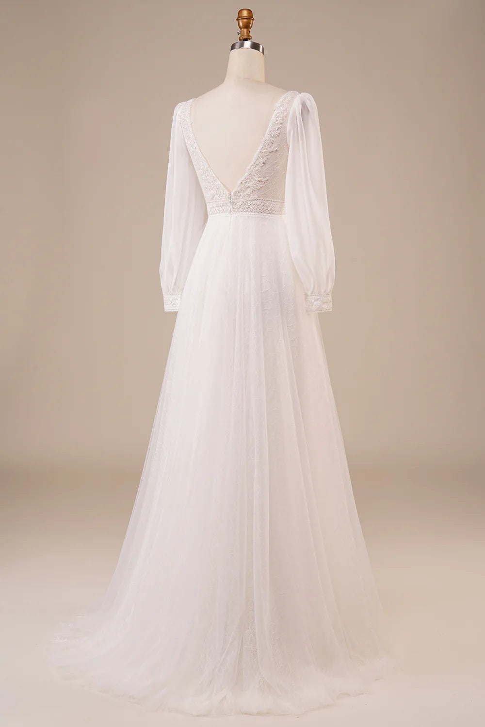 DingJiDress A-Line Tulle Beaded Ivory Wedding Dress with Sleeves