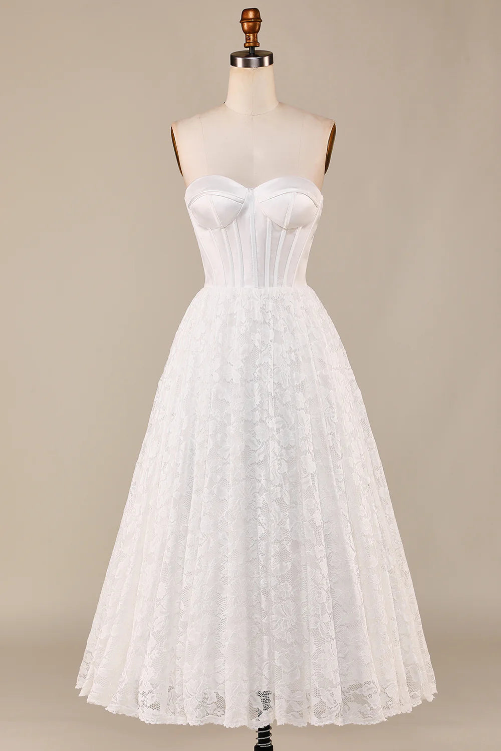 DingJiDress Ivory Lace Corset Tea-Length Wedding Dress