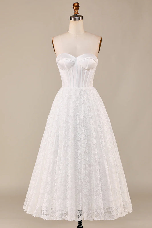 DingJiDress Ivory Lace Corset Tea-Length Wedding Dress