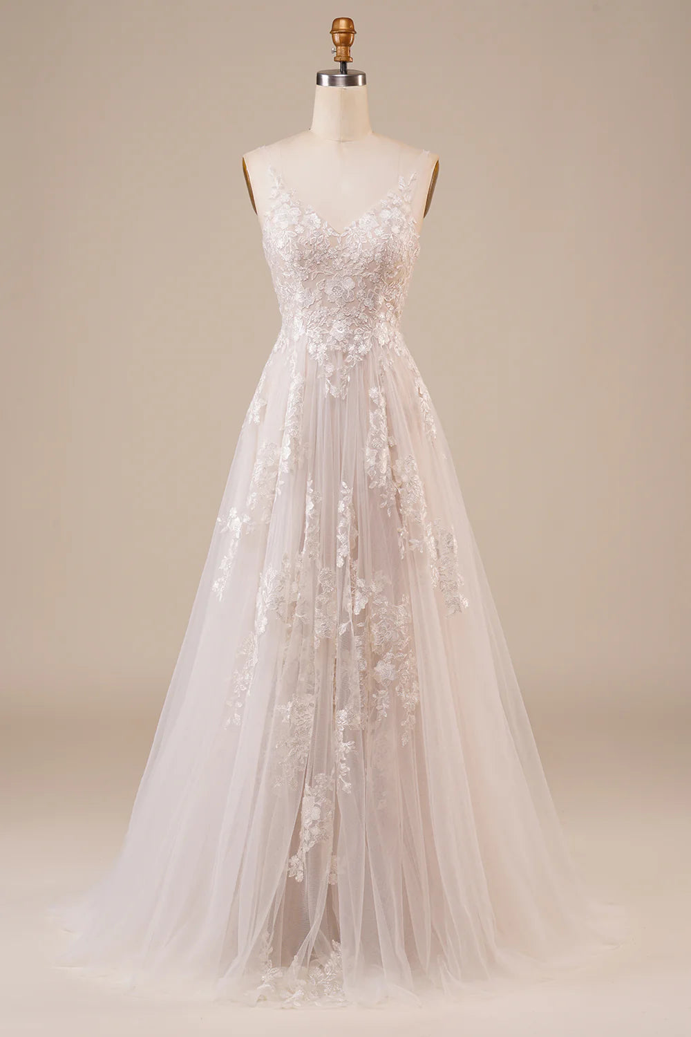 DingJiDress Tulle Backless Ivory Long Wedding Dress with Embroidery