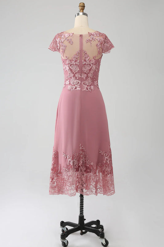 DingJiDress Elegant Fall Wedding Guest Dress November Dusty Rose A-Line Tea-Length Mother of the Bride Dress With Appliques