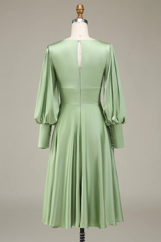 DingJiDress Matcha A-Line Prom Dresses V-Neck Midi-Length Bridesmaid Dress With Long Sleeves