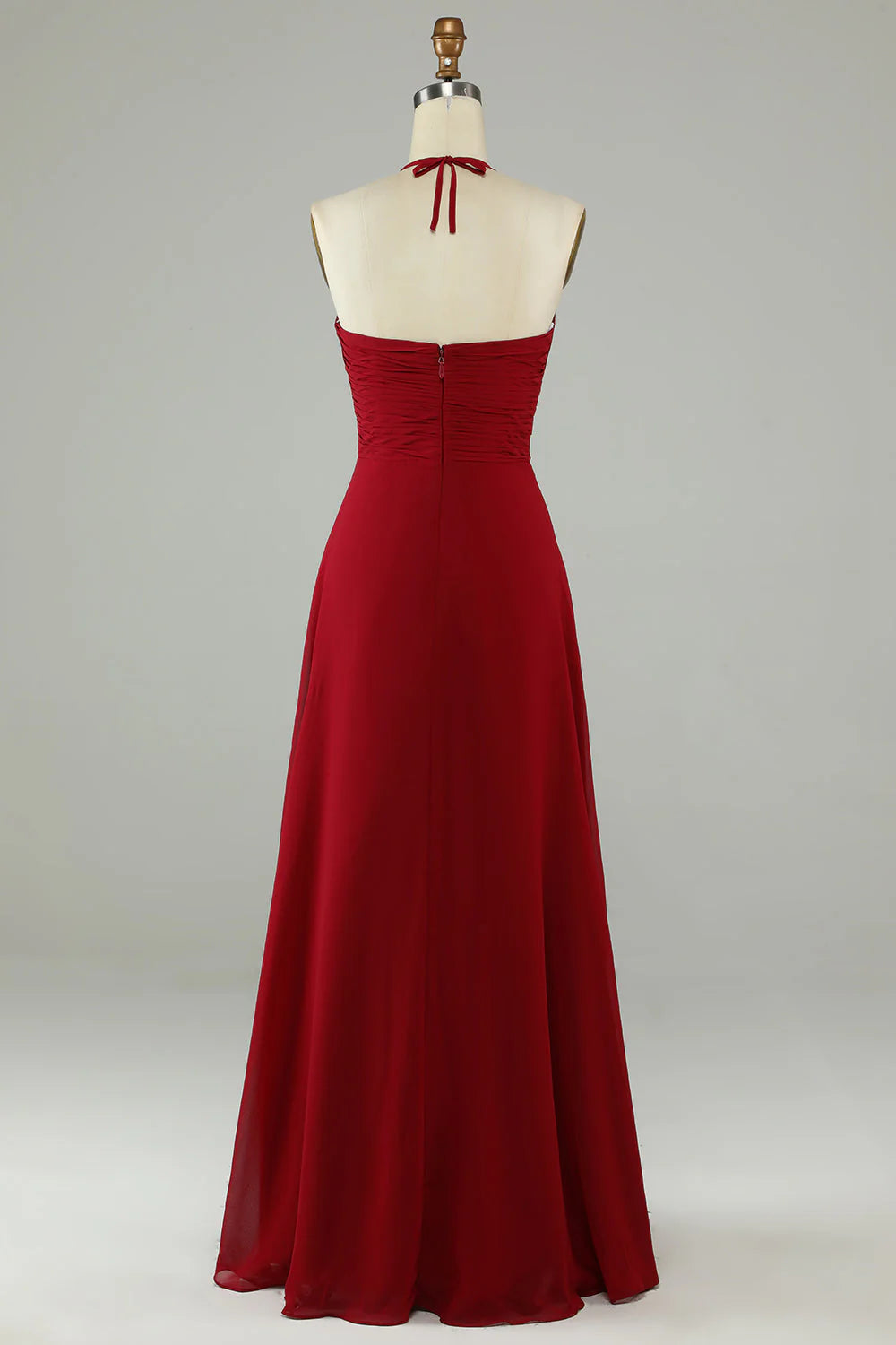 DingJiDress Burgundy A-Line Halter Chiffon Long Bridesmaid Dress with Slit