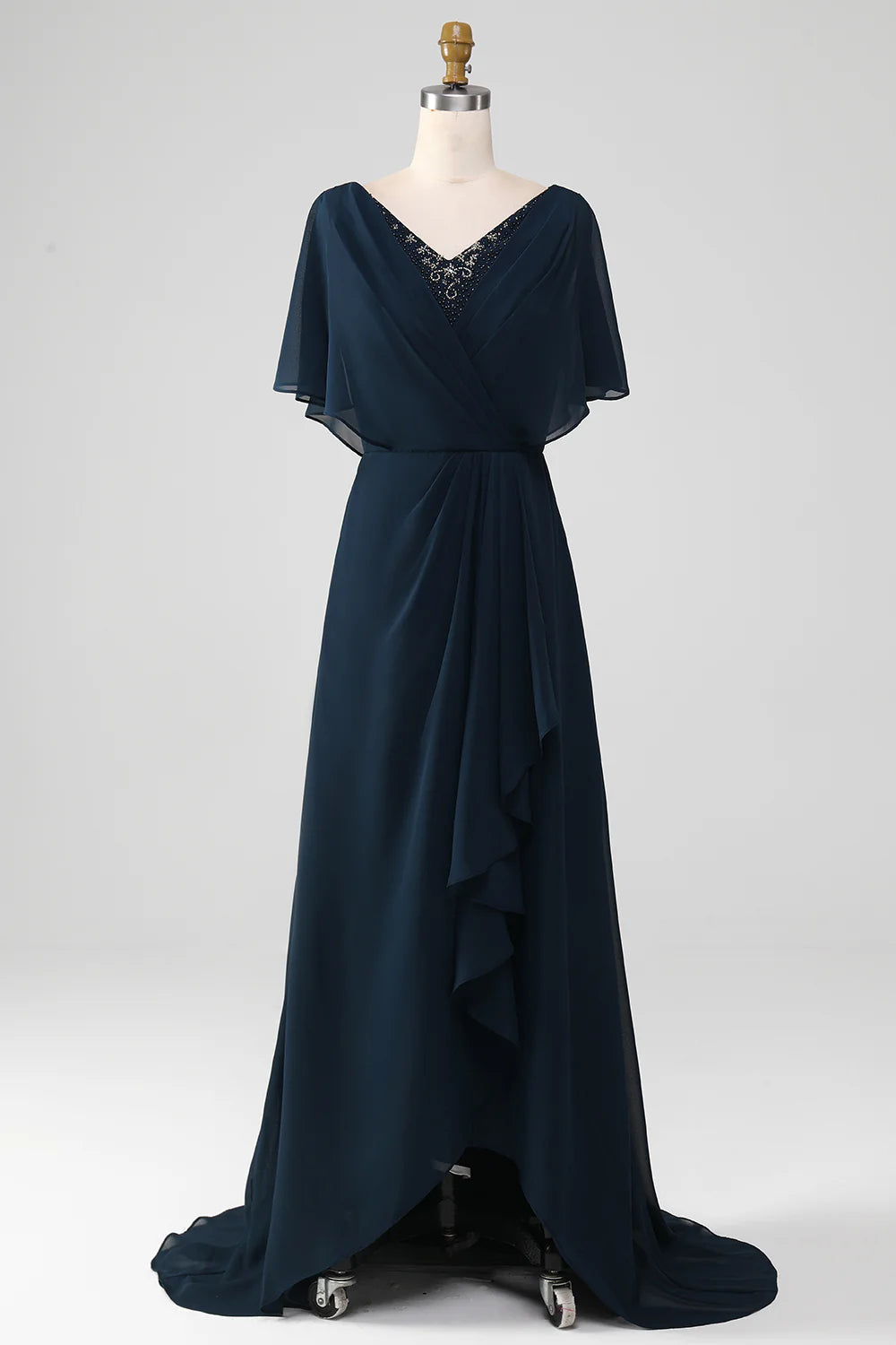 DingJiDress Elegant Navy Asymmetrical Sequins Chiffon Mother of the Bride Dress With Beading December Wedding Guest Dress