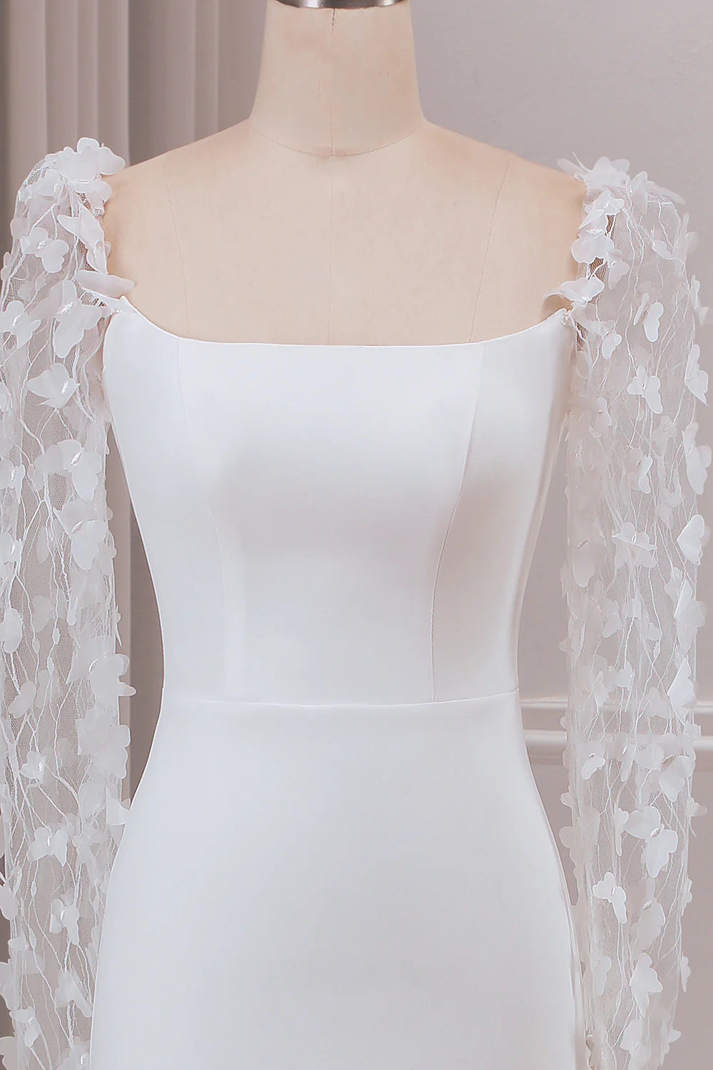 DingJiDress Ivory Trumpet Sweep Train Long Sleeves Bridal Dress with 3D Appliques