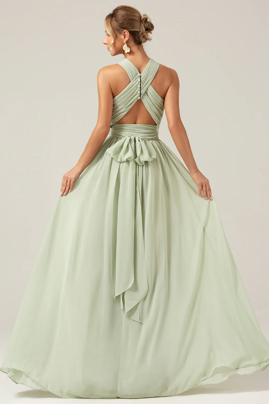 DingJiDress Elegant A Line Halter Pleated Long Maternity Bridesmaid Dress Dusty Sage