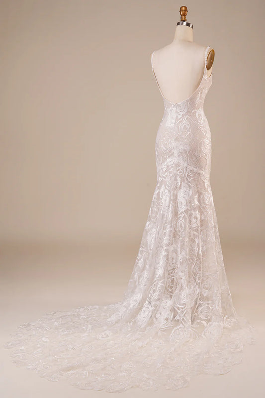 DingJiDress Backless Lace Ivory Wedding Dress with Sweep Train