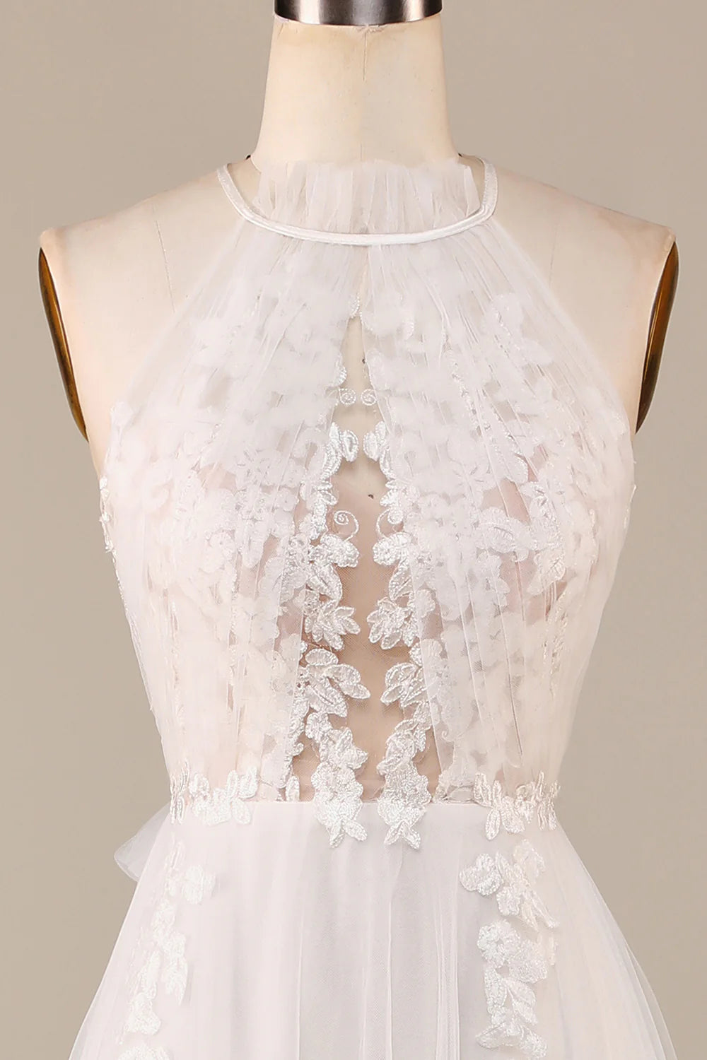 DingJiDress Charming A Line Halter Neck Ivory Open Back Tulle Sweep Train Wedding Dress with Lace