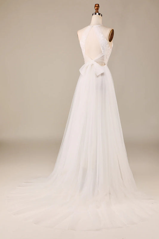 DingJiDress Charming A Line Halter Neck Ivory Open Back Tulle Sweep Train Wedding Dress with Lace