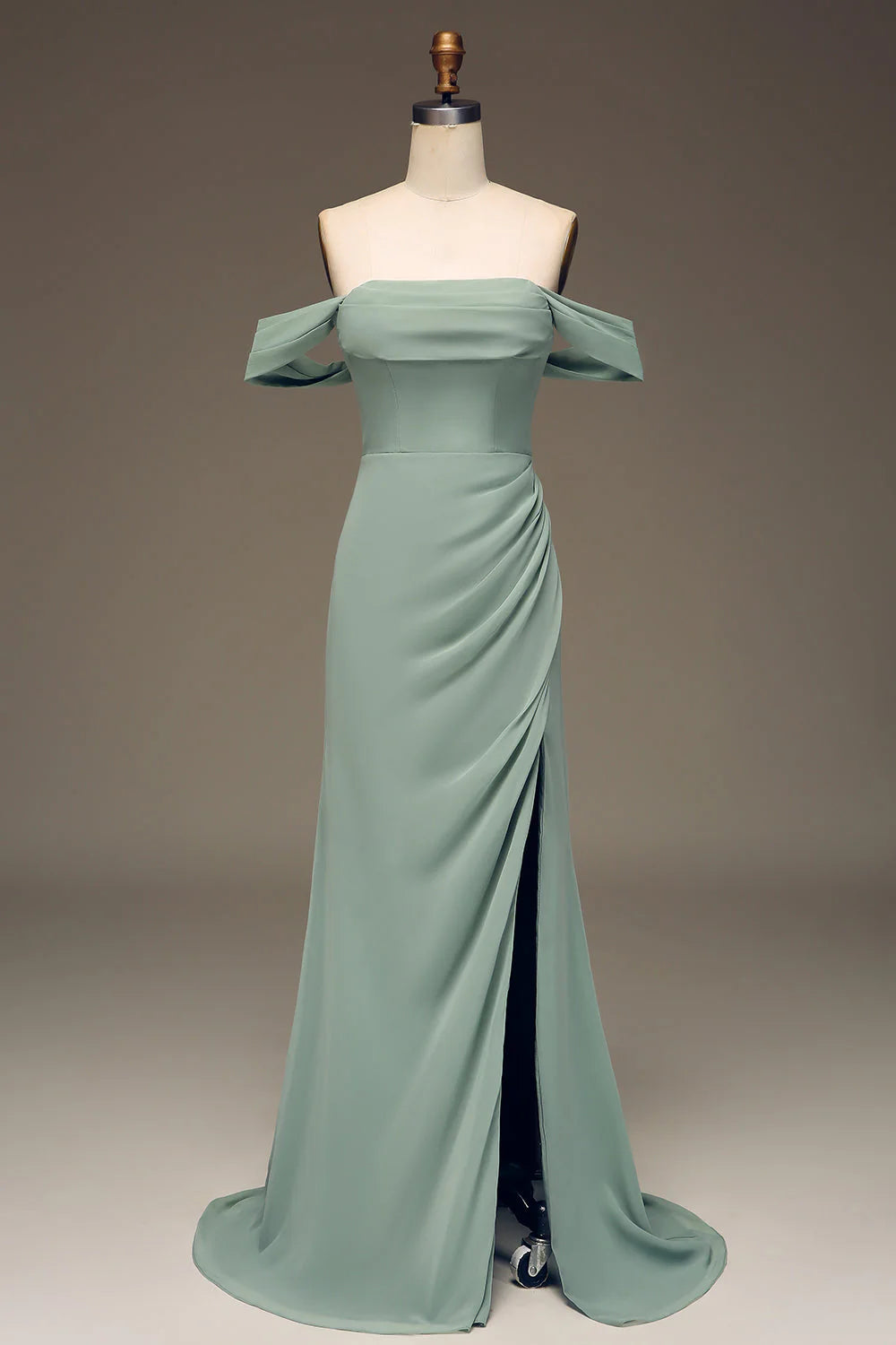 DingJiDress Elegant Dusty Sage Sheath Off the Shoulder Pleated Long Chiffon Bridesmaid Dress With Slit