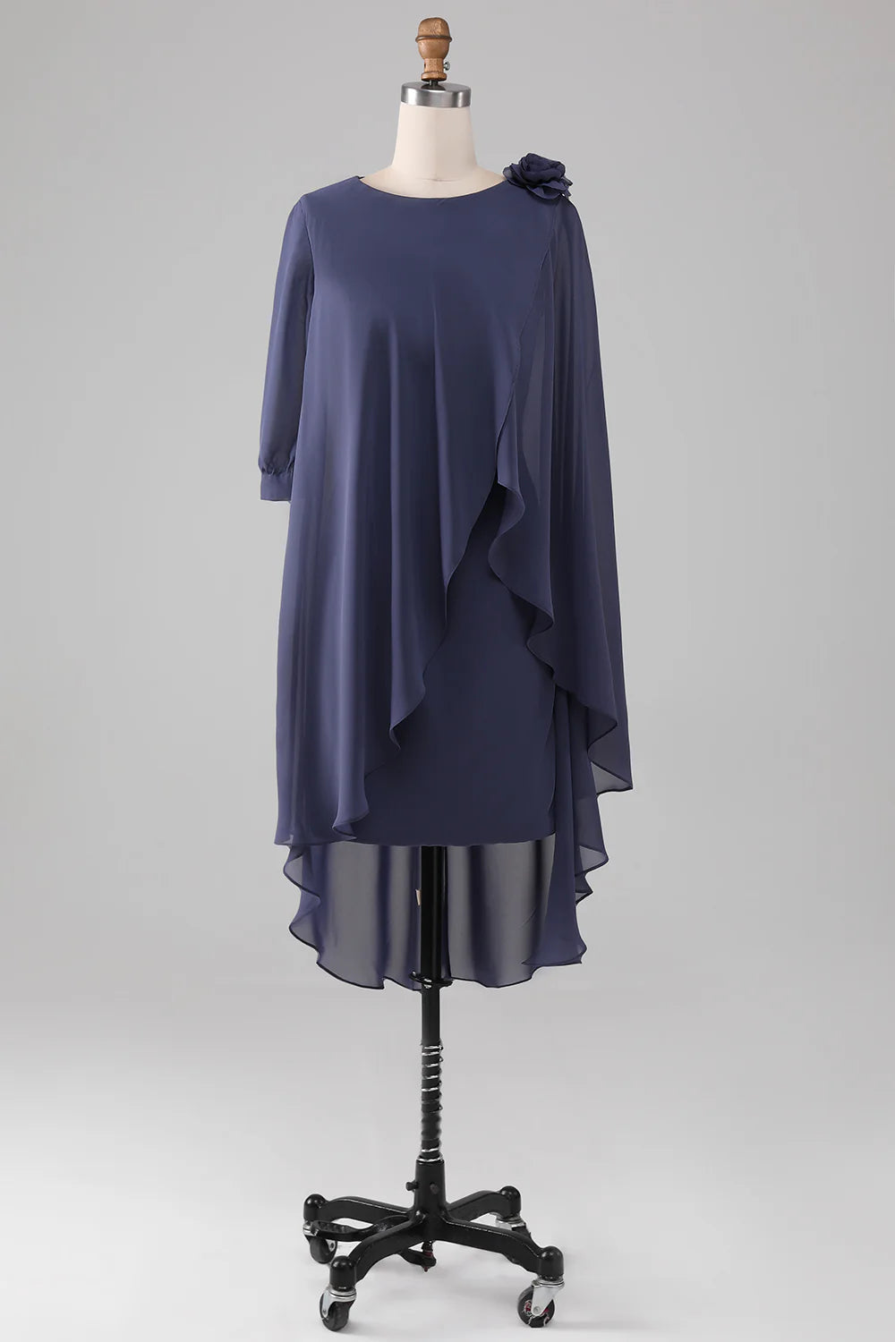 DingJiDress Elegant Fall Wedding Guest Dress November Stormy Column Scoop Neck Knee-Length Chiffon Mother of the Bride Dress