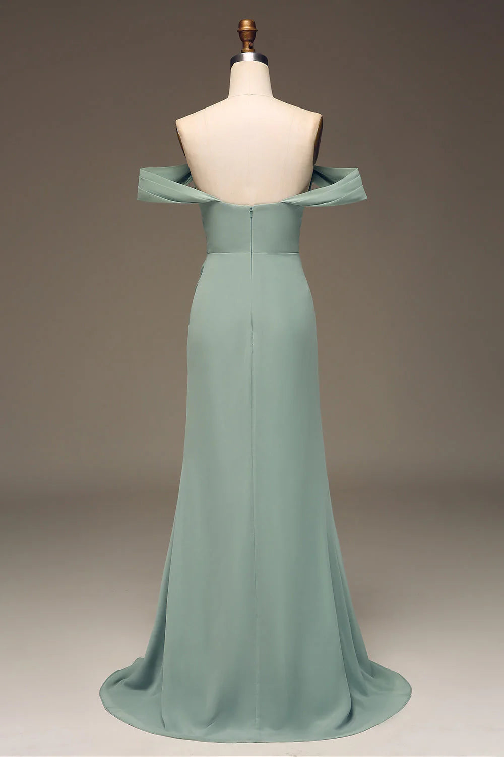DingJiDress Elegant Dusty Sage Sheath Off the Shoulder Pleated Long Chiffon Bridesmaid Dress With Slit