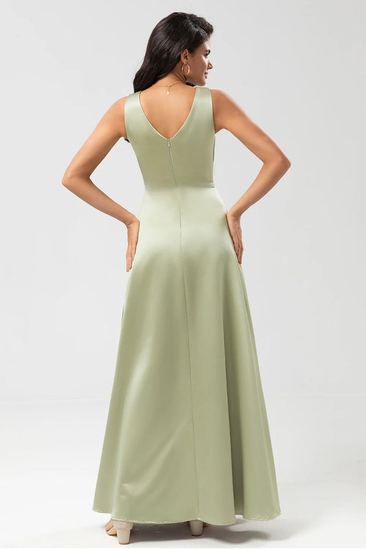 DingJiDress Elegant Dusty Sage A Line Prom Dresses Floor-Length Satin Bridesmaid Dress